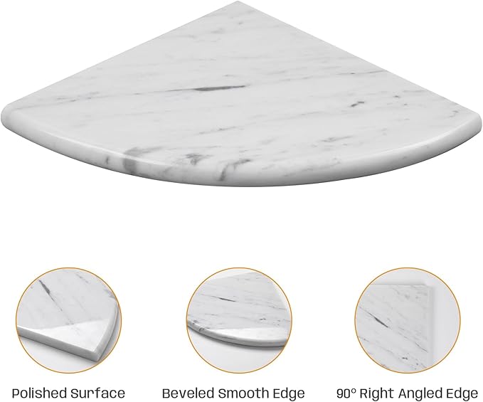 Marble Corner Shower Shelf, 9 Inch Carrara White Marble Corner Shelf for Bathroom Shower Decor, Wall Mounted, Polished, 2 Pcs