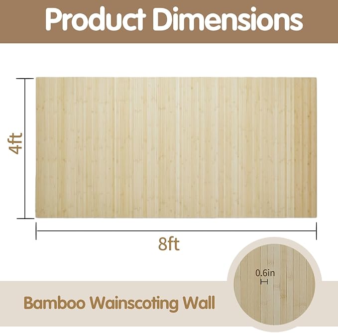Natural Bamboo Wall Panel 48x96 Inch, Renewable Pole Wrap & Wainscoting for Interior Wall Decor, Bedroom, Living Room, Office & Kitchen Island (Natural)