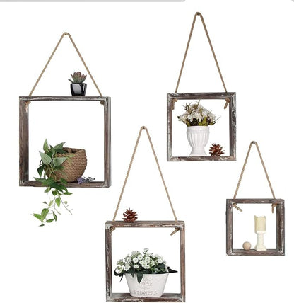 J JACKCUBE DESIGN Wall Decor Floating Hanging Square Shelves Wall Mounted Rustic Wood Cube Display Shelf Shadow Boxes Decorative Boho Home Décor for Living Room, Bedroom, Office, Set of 4 - MK571A