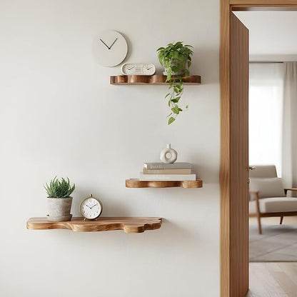3 Sets Small Floating Shelves for Wall,3 Size Live Edge Wooden Shelf Cloud Farmhouse Vintage Wall Decor with Metal Bracket for Living Room Bedroom(Brown)