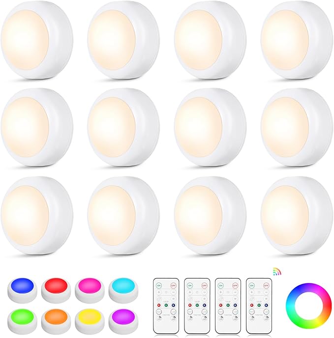 LED Puck Lights with Remote Control, 16 Color Changing Under Cabinet Lighting with Dimmer & Timer, AAA Battery Operated,Under for Closet Bedroom Kitchen, Stair (12 Pack White)