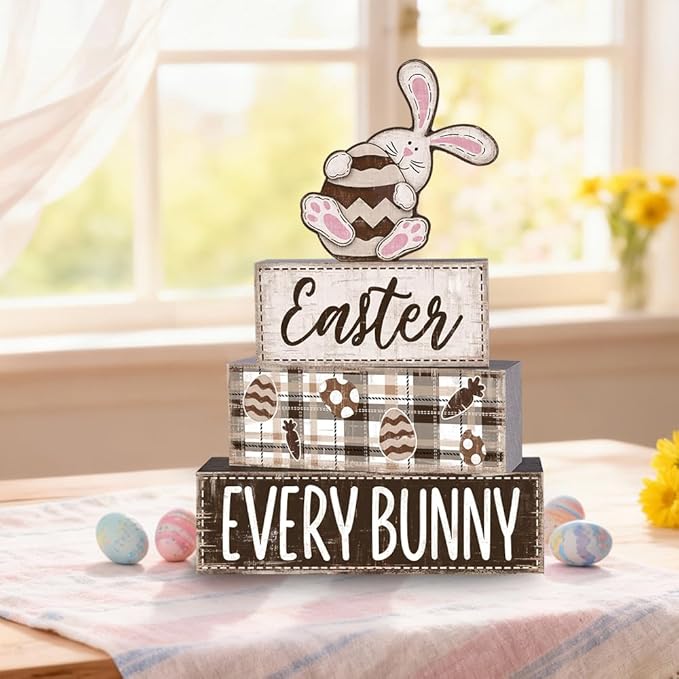 DIYDEC 4Pcs Easter Tabletop Decorations Rabbit Wooden Block Signs Bunny Tiered Tray Decor Happy Easter Centerpiece Farmhouse Wood Bunny Table Sign for Kitchen Home Office Party Decor