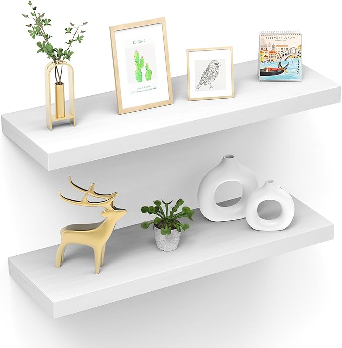 Floating Shelves (Set of 2) – Wall Mounted Shelves for Home Décor and Storage, Natural Pine Wood, Suitable for Living Room and Bedroom (White, 23.6" x 5.7" x 1.0")