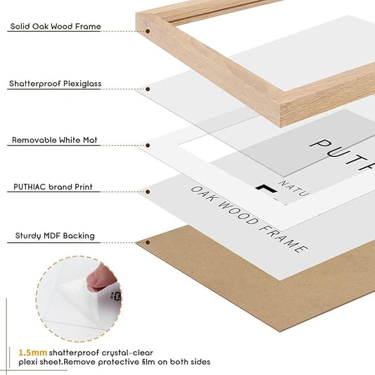 puthiac 5x7 Solid Oak Wood Picture Frame, Fits 4x6 with Mat or 5x7 Without Mat, Wall or Tabletop Display with Stand, Vertical or Horizontal, Plexi Front, 1 Pack, Natural Oak