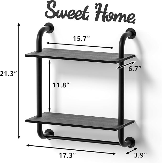 Bathroom Shelves Wall Mounted, Rustic Farmhouse Pipe Shelves, Wall Shelves 2-Tier, Industrial Pipe Shelving, Floating Shelf Decor for Bathroom, Bedroom, Living Room Thanksgiving 17.3in Black