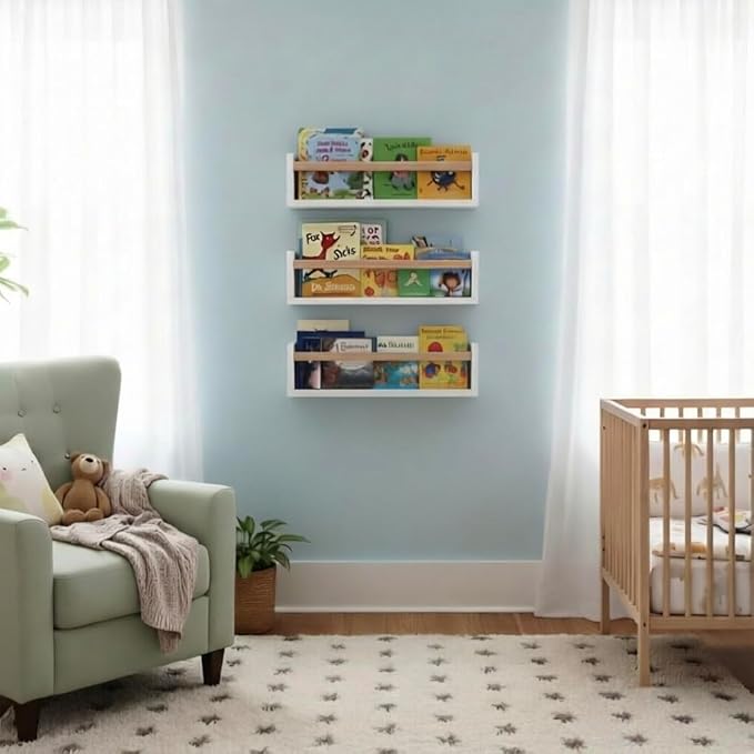 AZSKY 16 Inch Nursery Floating Shelves Set of 3, White Wood Kids Wall Bookshelves & Book Organizer Ledge for Baby Room Decor, Display Toys, Picture Frames