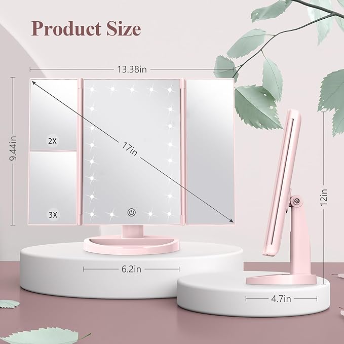 HUONUL Makeup Mirror, Vanity Mirror with Lights, 2X/3X/10X Magnification, Touch Control, Trifold Mirror, Dual Power Supply, Valentines Day Gifts for Her,Gifts for Women, Wife, Mom, Teengirls