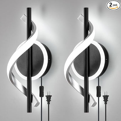Plug in Wall Sconces Sets of 2, 12W LED Wall Mount Lights, Modern Spiral Wall Lamp, 6000K Cold Modern Light Fixture for Stairs, Living Room, Bedroom, Aisle, Hallway