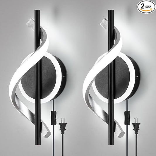 Plug in Wall Sconces Sets of 2, 12W LED Wall Mount Lights, Modern Spiral Wall Lamp, 6000K Cold Modern Light Fixture for Stairs, Living Room, Bedroom, Aisle, Hallway