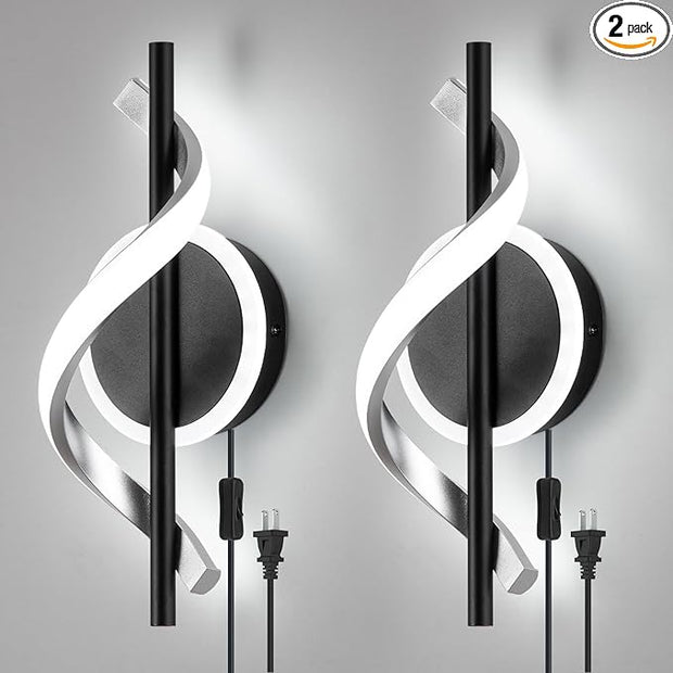 Plug in Wall Sconces Sets of 2, 12W LED Wall Mount Lights, Modern Spiral Wall Lamp, 6000K Cold Modern Light Fixture for Stairs, Living Room, Bedroom, Aisle, Hallway