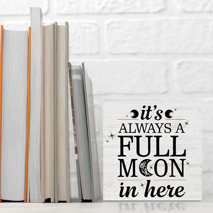 Rustic Full Moon Bathroom Wood Box Sign - It Is Always A Full Moon In Here, Humor Toilet Accessories Wood Plaque, Woods Table Decorative Signs for Office Home Dorm Tabletop Shelf Decoration