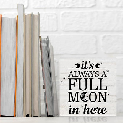 Rustic Full Moon Bathroom Wood Box Sign - It Is Always A Full Moon In Here, Humor Toilet Accessories Wood Plaque, Woods Table Decorative Signs for Office Home Dorm Tabletop Shelf Decoration