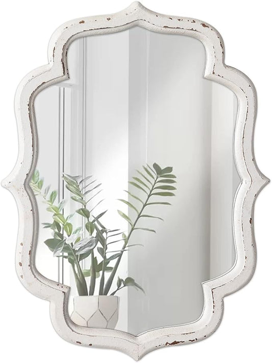 Vintage Small Scalloped Wall Mirror Decorative 16" x 12", Hanging Rustic Distressed White Bathroom Mirrors for Vanity, Farmhouse Wood Quatrefoil Wall Mounted Mirror for Living Room