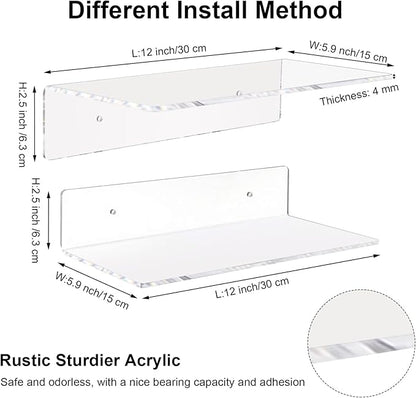 Vinsot 8 Pack Acrylic Floating Shelves 12 Inch Clear Acrylic Wall Display 4 mm Thick Invisible Book Shelves for Bedroom Living Room Bathroom Office Wall