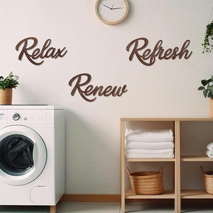 3 Pieces Bathroom Decor Wooden Bathroom Sign,Relax Renew Refresh Sign (Brown)