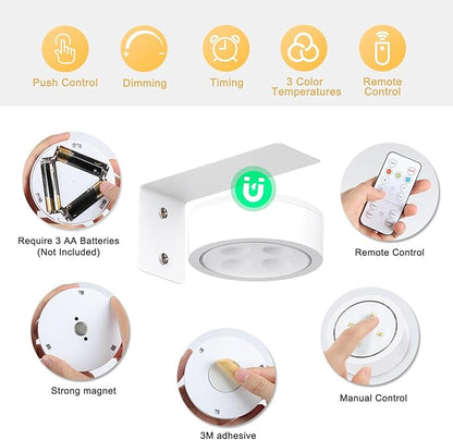 4-Pack Battery Picture Lights, Remote Painting Light for Art Disaplay,Magnetic LED Wall Picture Light, Dimmable & Timer, 3 Lighting Modes Art Display Light for Gallery Dartboard Frame Pictures, White