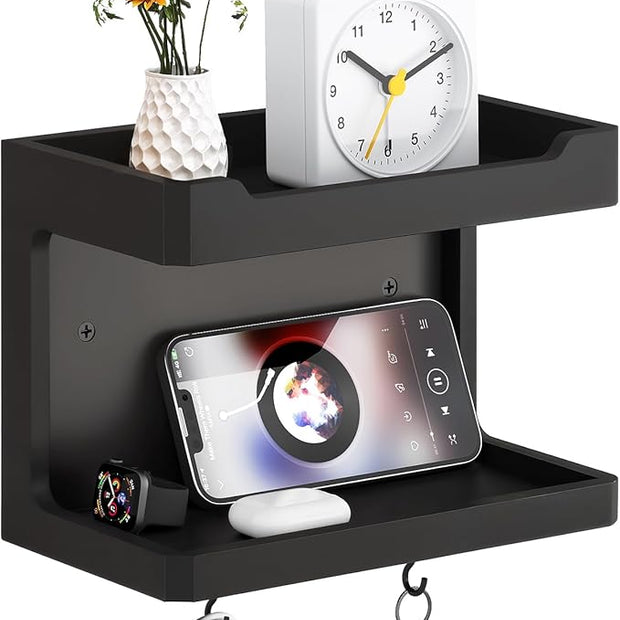 NiHome Large Wall Mounted Wooden Bedside Organizer, Double Storage Shelves & Magnetic Hooks, Solid Wood Bedside Shelf for Phone Glasses Remote Keys, Space-Saving Wall Rack for Bedroom RV Dorm (Black)