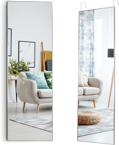 Over The Door Mirror, Full Length Hanging Mirror 48 x 13.7 Inches, Aluminum Frame, Slim Door Mirror for Bedroom, Bathroom, Closet