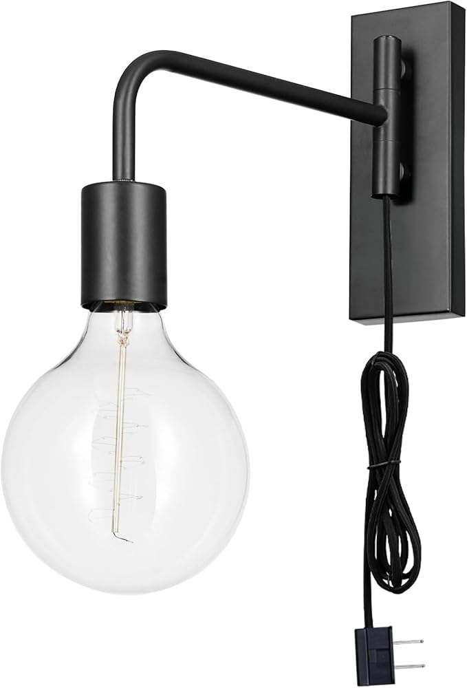 Globe Electric x Novogratz 51370 1-Light Plug-in Wall Sconce, Matte Black, 6-Foot Cloth Cord, Modern Art Deco Lighting for Apartments and Renters, Accent Light, Open Socket, E26 Base