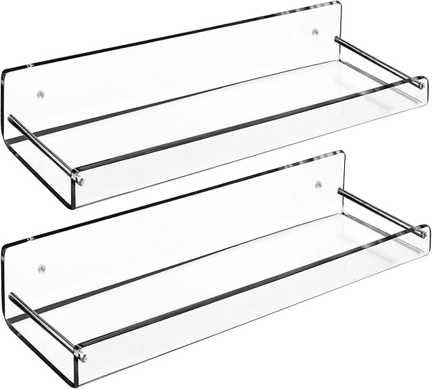 AMT 2 Pack Acrylic Floating Shelves, 15" L x 4" W, Clear Bathroom Wall, Bookshelves, Invisible Display for Office, Bedroom, Small Gap Allows Water to Escape, Free Screws & Drill Bit (L- New Model)