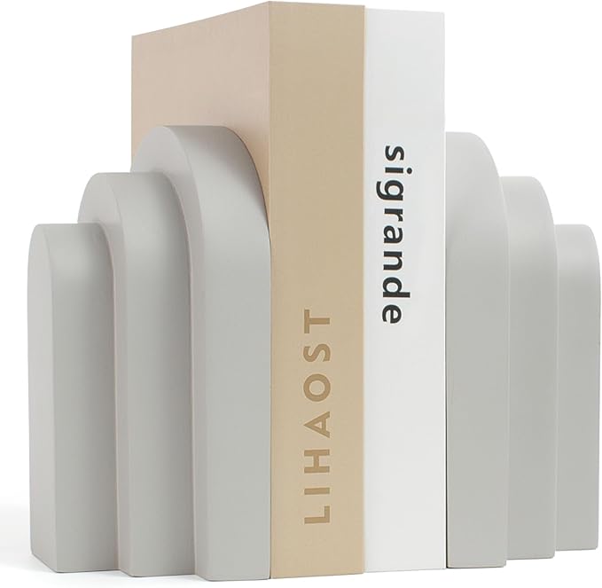 Heavy Duty Book Ends for Shelves, Decorative Bookends for Heavy Books Set of 2, 6.6 LBS Modern Book Stopper for Home Decor, Bookshelf, Aesthetic Bookend with Layered Arch Design, Gray