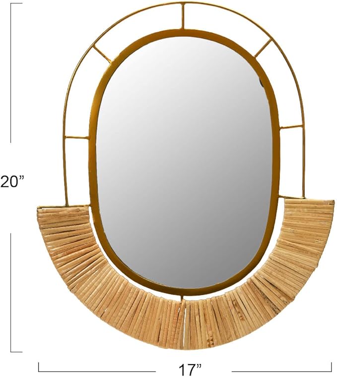 Main + Mesa Oval Modern Boho Metal and Cane Framed Wall Mirror, Natural