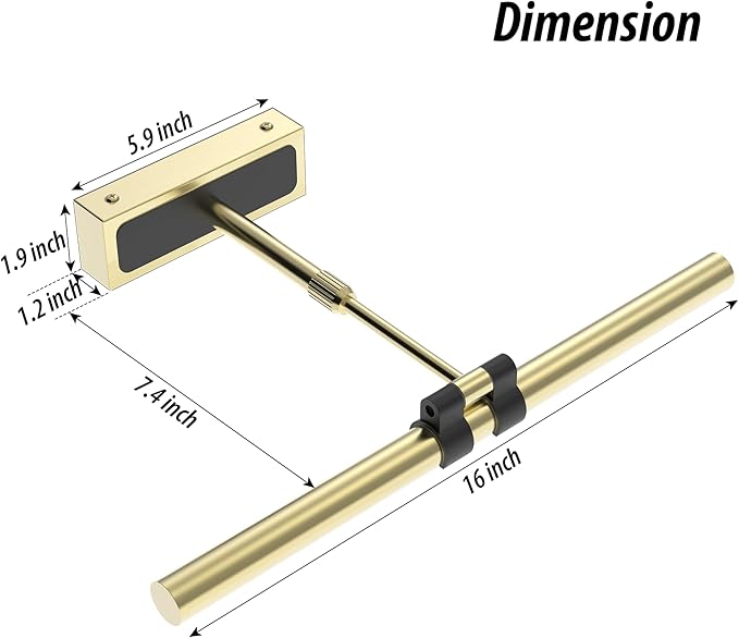 Brass Picture Light for Wall - 16inch Dimmable & Rechargeable Art Light with Extendable Arm, 25H Light Time, Angle Adjustable, 3 Color Temperatures Timer - Perfect for Paintings and Home Decor