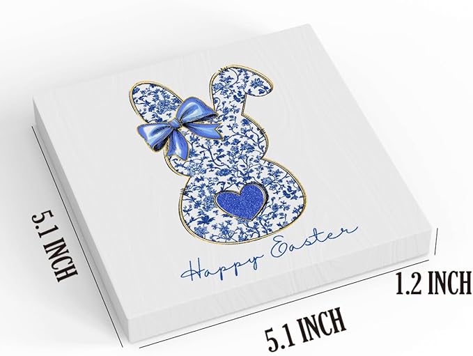 Blue Happy Easter Sign Easter Table Decor Bow Bunny Decor Blue And White Chinoiserie Decor Wooden Box Sign for Home Office Bedroom Living Room Desk Shelves