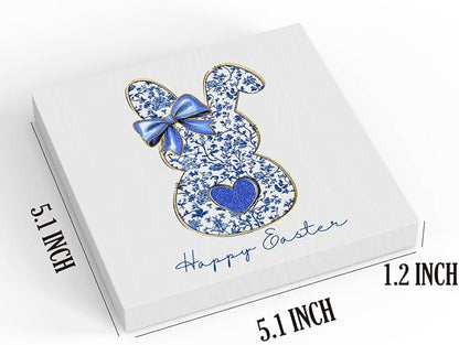 Blue Happy Easter Sign Easter Table Decor Bow Bunny Decor Blue And White Chinoiserie Decor Wooden Box Sign for Home Office Bedroom Living Room Desk Shelves