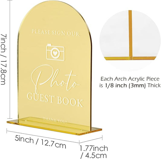 Acrylic Photo Guestbook Sign with Stand- 5"x7" Gold Mirror Arched Wedding Signs and Base,1/8" Thick | Modern Calligraphy White Lettering Arch Acrylic Sign for Wedding Reception & Party(Gold, 5X7 Inch)
