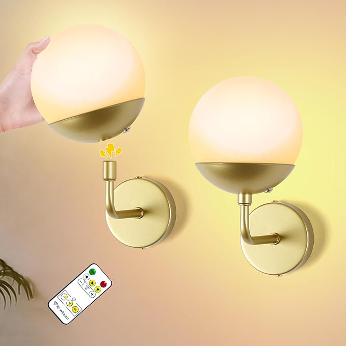 Battery Operated Wall Sconce Set of 2, Rechargeable Wireless Sconces with Dimmable Detachable Magnetic Bulbs and Remote, 3 Colors Wall Lights for Bedroom Living Room Hallway Fireplace