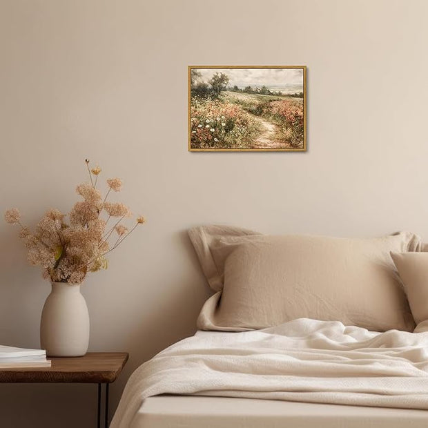 OIQArtOIQ Framed Canvas Wall Art,Vintage Decor,Landscape Nature Country Wildflower Paintings Farmhouse Pictures Modern Artwork Rustic Fall Flower Prints Cottagecore Office Living Room Bedroom Bathroom