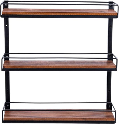 MyGift 3 Tier Wall Mounted Spice Rack, Black Metal and Burnt Solid Wood Kitchen Hanging Seasoning Shaker Spice Jar Condiment Bottle Shelf Pantry Organizer