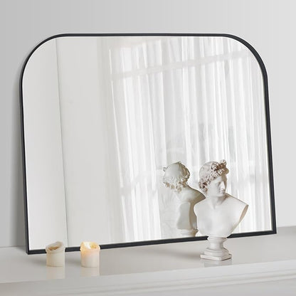 Modern Large Wall Mirror, Modern Mantel Minimalist Home Decor, Brushed Black Metal Framed Arched Mirror for Living Room, Bedroom, Fireplace, Mantle, Entryway, Bathroom, 48" x 30", Black