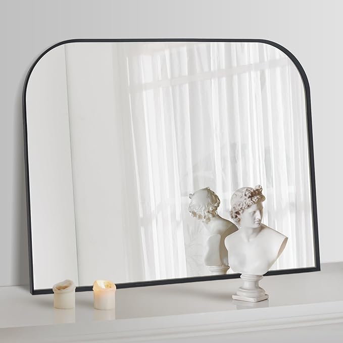 Modern Large Wall Mirror, Modern Mantel Minimalist Home Decor, Brushed Black Metal Framed Arched Mirror for Living Room, Bedroom, Fireplace, Mantle, Entryway, Bathroom, 40