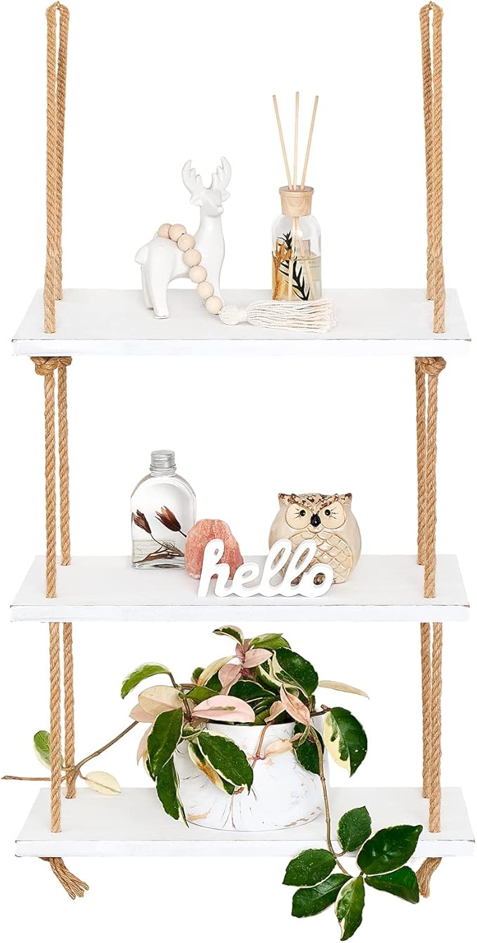 Mkono Hanging Shelves 3 Tier White Wood Wall Mount Floating Shelf with Rope Boho Decor for Living Room Bathroom Bedroom Kitchen Apartment - Rustic Wood Decorative Storage Shelf