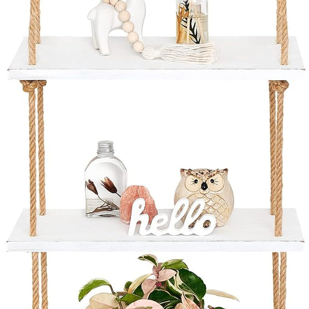 Mkono Hanging Shelves 3 Tier White Wood Wall Mount Floating Shelf with Rope Boho Decor for Living Room Bathroom Bedroom Kitchen Apartment - Rustic Wood Decorative Storage Shelf