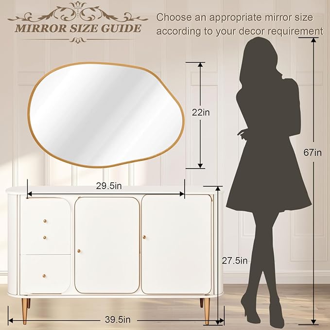 Gold Irregular Wall Mirror Aluminum Alloy Frame Asymmetrical Bathroom Mirrors Brushed Metal Vanity Wall Mounted Mirror for LivingRoom Bedroom Entryway Room Home Decor Large 22