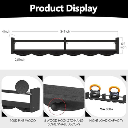 34Inch Nursery Bookshelves,Set of 4,Wall Floating Shelf Kids Coat Rack with 6Hooks,Hanging Book Shelf for Baby Nursery Room Décor ，Patent Number: 29958098(Black, 34)