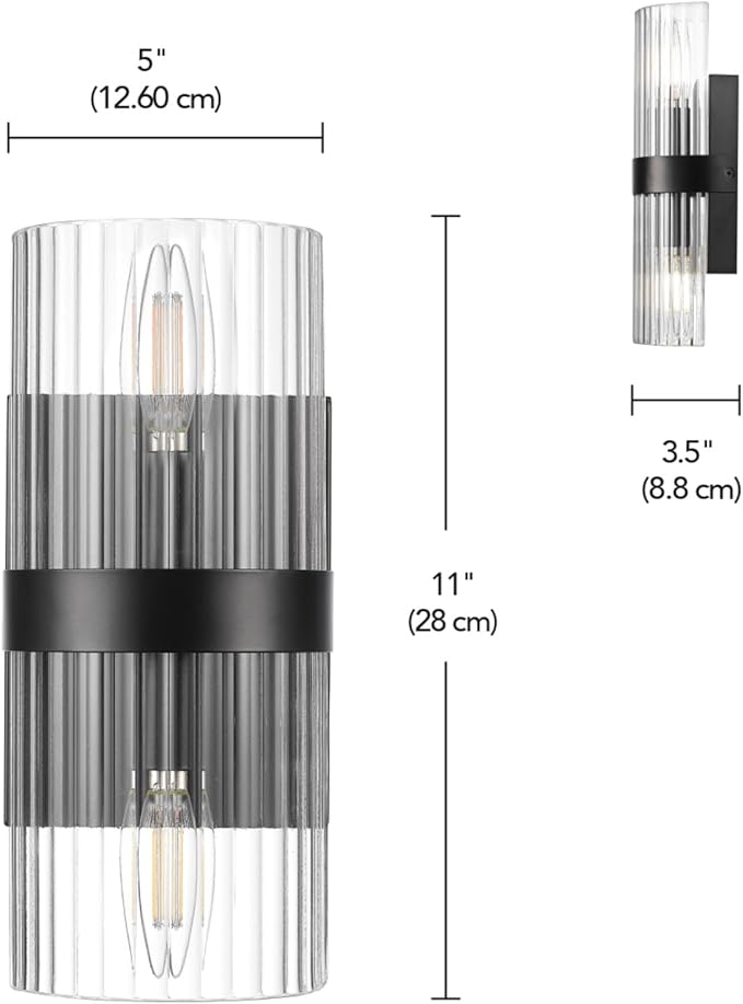 GLOBE Electric 65000050 2-Light Wall Sconce, Matte Black, Ribbed Glass Shade, E12 Base Sockets, Lights for Living Room, Home Decor, Lighting, Mounted Bedside Lamp