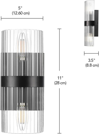 GLOBE Electric 65000050 2-Light Wall Sconce, Matte Black, Ribbed Glass Shade, E12 Base Sockets, Lights for Living Room, Home Decor, Lighting, Mounted Bedside Lamp