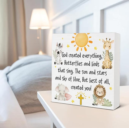 Baptism Gifts for Boy Girl - Christening Gifts for Girls Boys - Nursery Decor - God Crearted Everything Wood Sign Home Nursery Desk Table Shelf Baptism Decorations 5×5 Inches