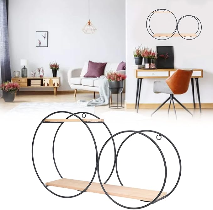 Circle Wall Shelf, Circle Metal Wood Wall Shelves Black Firmly Welded Iron Log for Office for Living Room for Tea House