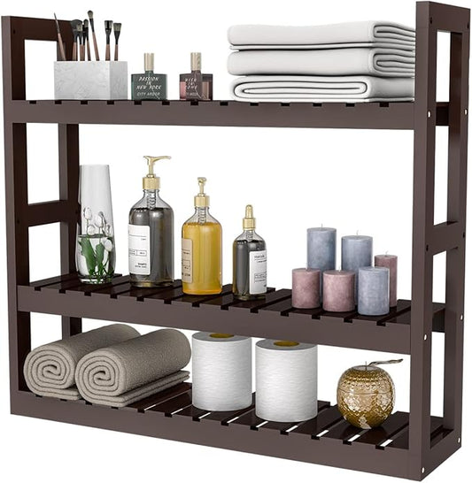 Domax Bamboo Bathroom Shelf 3-Tier Wall Mount Storage Rack Multifunctional Adjustable Layer Free Standing Over Toilet Utility Shelves Living Room Kitchen (Brown)