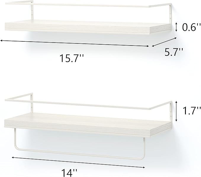 Shario Floating Shelves - Set of 2, Wall Mounted Hanging Shelves with White Towel Rack, Decorative Storage Shelves for Bathroom, Kitchen, Living Room & Bedroom (Rustic White)