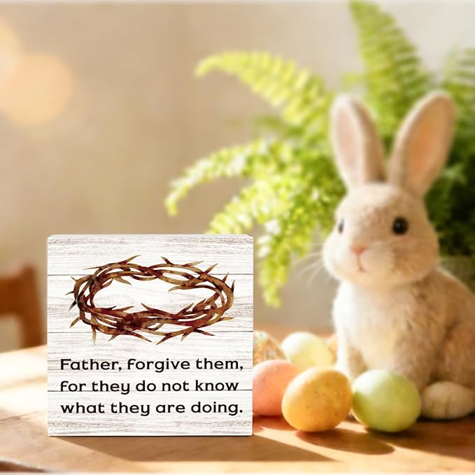 Christian Sign Christian Jesus Decor Decorations Rustic Farmhouse Religious Table Decorations Gifts for Women Home Office Desk Table Shelf Decor Father Forgive Them Sign 5 X 5 Inch