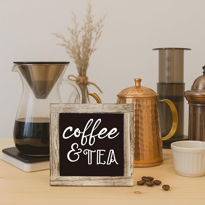 Coffee Bar Decor, Tea Bar Sign, Coffee and Tea Rustic Farmhouse Wooden Box Signs, Funny Humor Kitchen Sign, Rustic Wooden Table Top Decor, Bars Accessories 5.9×5.9 inch