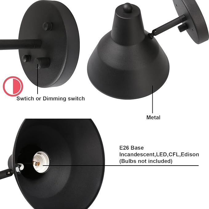 Yosoan Indoor Vanity Wall Sconce with Dimming On Off switch, 1-Light Hardwired Vintage Wall Mount Metal Lamp Fixture with 6.89" Bowl Metal Shade in-Build Gold Bedside Reading Bedroom Bunk Light(Black)