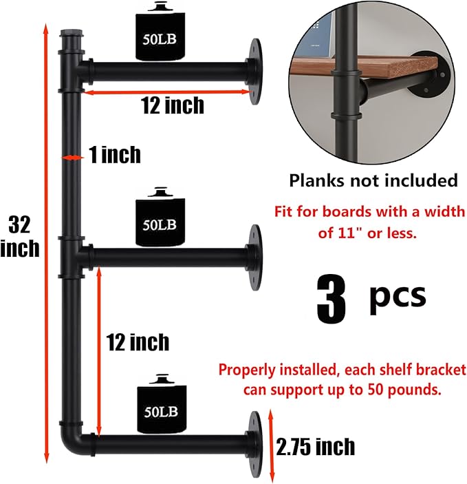 Industrial Pipe Shelf Brackets Wall Mount,Open Black Pipe Shelving for Kitchen,Floating Shelf Brackets Mount,Open Bookshelf Brackets for Shelves,Wall Shelves 12 Inch Deep,(3PcsX3Tier,32