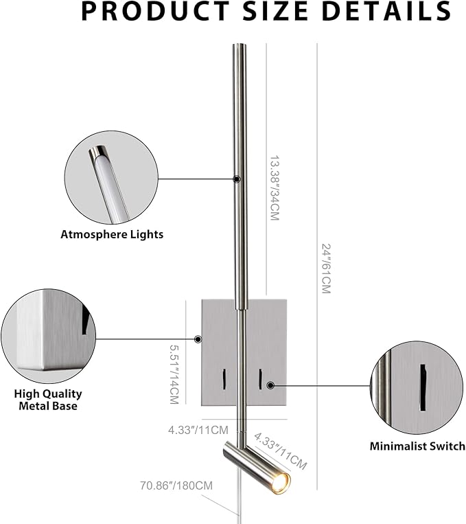 ZEROUNO Modern Plug in Wall Sconce Mounted Wall Reading Light, Corded Brushed Nickel Wall Sconce with On Off Switch, Art Deco Wall Mount Bedside Lamp for Bedroom Living Room Corner etc.